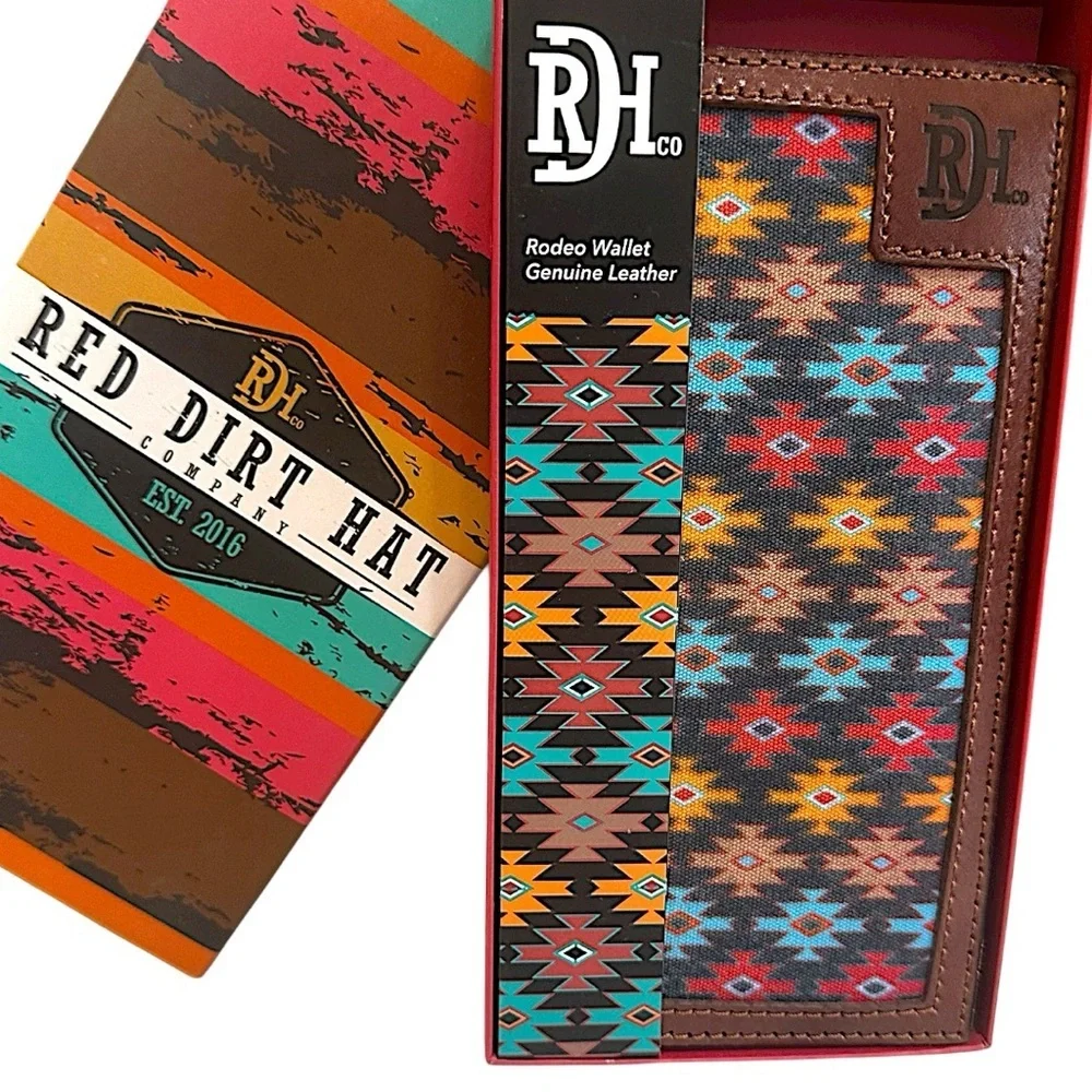 Red Dirt Hat Co Mens Rodeo Southwest Canvas Inlay Wallet Genuine Leather New